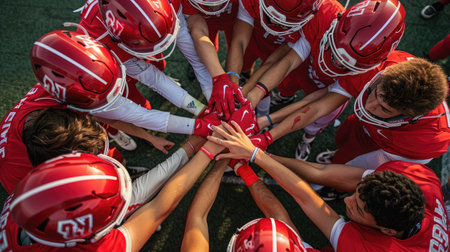 Teenage boy high school football team connecting hands in huddleの素材