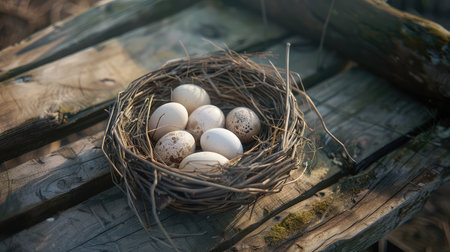 top veiw basket of duck eggs on a wooden table over farm in the countrysideの素材