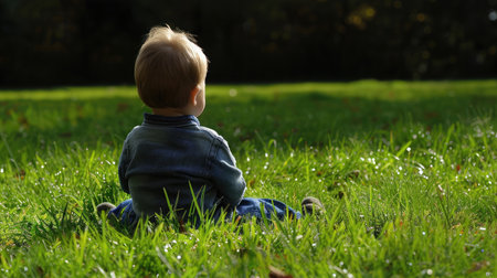 baby sitting on green grassの素材