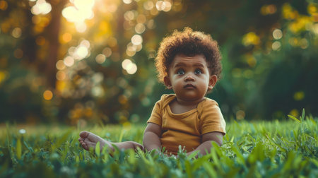 baby sitting on green grassの素材