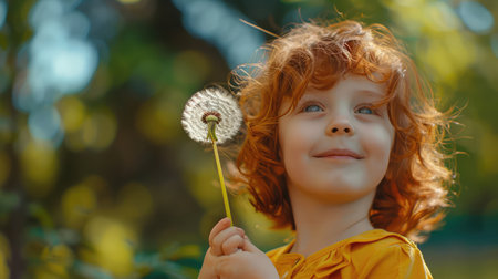 Beautiful child with dandelion flower in spring park. Happy kid having fun outdoors.の素材