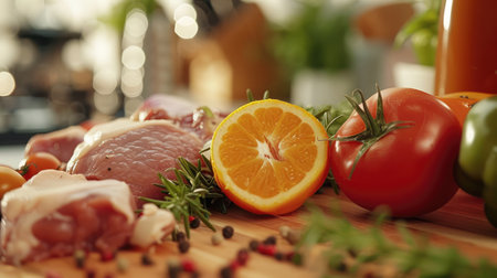 balanced diet, cooking, culinary and food concept - close up of vegetables, fruit and meat on wooden tableの素材