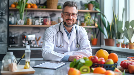 Confident nutritionist working at desk with fresh fruitの素材