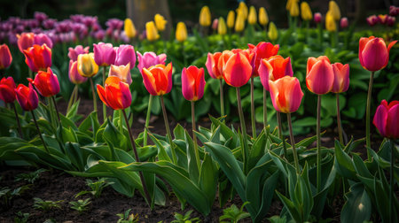 Beautiful colourful tulip flowers background in springの素材