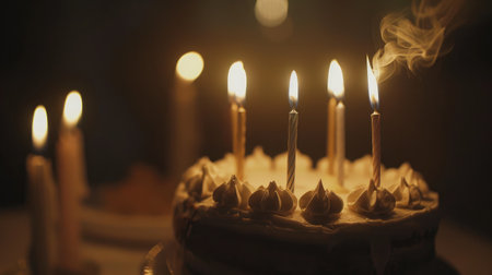 closeup of some unlit candles and just one lit candle after blowing out the cakeの素材
