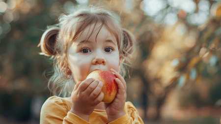 Child girl eating an apple in a park in nature.の素材