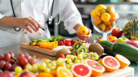 Confident nutritionist working at desk with fresh fruitの素材