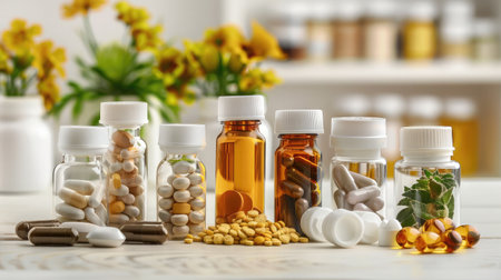 Composition with nutritional supplement capsules and containers. Variety of drug pillsの素材