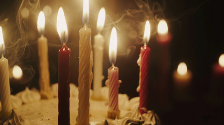 closeup of some unlit candles and just one lit candle after blowing out the cakeの素材