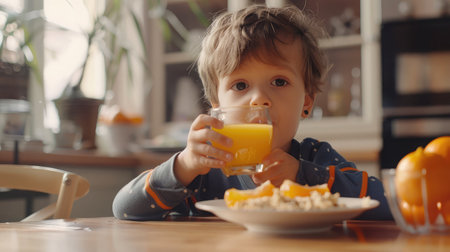 Cute boy drinking orange juice and eating muesli for breakfastの素材