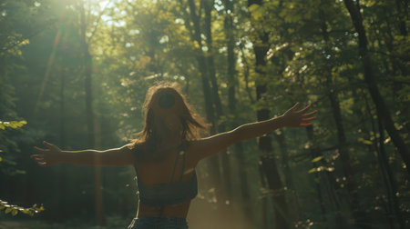 Free woman breathing clean air in nature forest. Happy girl from the back with open arms in happiness. Fresh outdoor woods, wellness healthy lifestyle concept.の素材