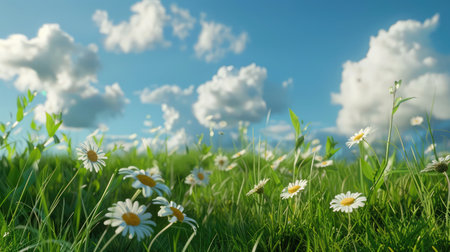 Little daisies in grass against a blue skyの素材