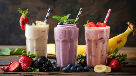 Fresh milk, strawberry, blueberry and banana drinks on wodeen table, assorted protein cocktails with fresh fruits.の素材