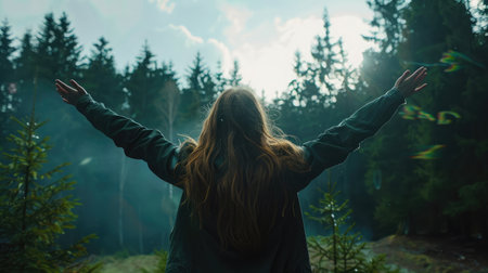 Free woman breathing clean air in nature forest. Happy girl from the back with open arms in happiness. Fresh outdoor woods, wellness healthy lifestyle concept.の素材