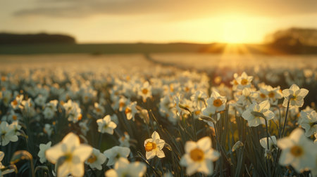 Field of flowering daffodils in spring near Padstowの素材