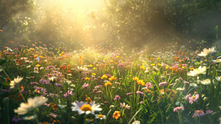 field of spring flowers and sunlightの素材