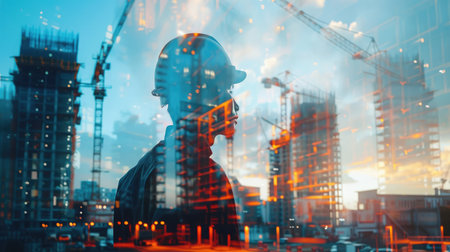 Future building construction engineering project concept with double exposure graphic design. Building engineer, architect people or construction worker working with modern civil equipment --ar 16:9 --v 6 Job ID: 7363a9c9-bc26-4c0b-b621-e5890c25e51eの素材
