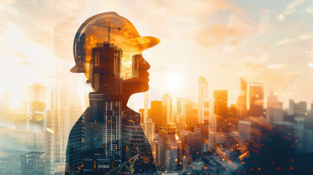 Future building construction engineering project concept with double exposure graphic design. Building engineer, architect people or construction worker working with modern civil equipment --ar 16:9 --v 6 Job ID: 7c58fadb-c926-4bea-bbd8-50adb34dd5bdの素材