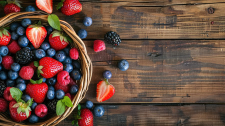 Mix of fresh berries in a basket on rustic wooden backgroundの素材