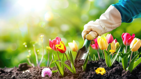 Planting flowers in sunny gardenの素材