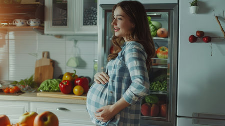 nutrition and diet during pregnancy. Pregnant woman standing near refrigerator with fruits and vegetablesの素材
