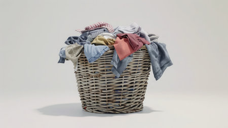 Overflowing laundry basket. Household chore concept on white background --ar 16:9 --v 6 Job ID: 2ebdf7bc-370b-41b8-b6fa-6f1c1ecb4144の素材