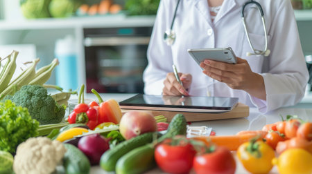 nutritionist female doctor using digital mobile tablet with virtual graphic icon diagram and vegetable and fruit with patient on desk at office hospital, nutrition, food science, healthy food conceptの素材