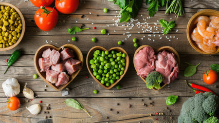 Panorama banner of healthy fresh ingredients for pet food in individual heart-shaped bowls viewed from overhead with chopped raw beef, liver and chicken , mixed vegetables and rains on rustic woodの素材