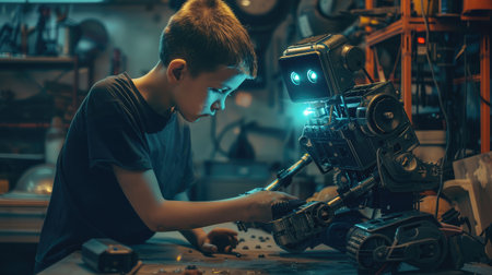 Young boy mechanic repairing the robot in the workshop at night --ar 16:9 --v 6 Job ID: 15674240-0fb0-4e3a-8d9a-13c5d03be160の素材