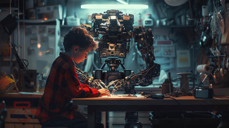Young boy mechanic repairing the robot in the workshop at night --ar 16:9 --v 6 Job ID: 7fa04477-6a88-46eb-9097-6ab0757595cdの素材