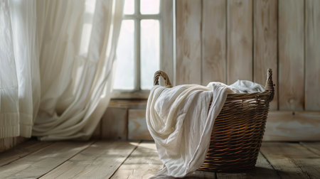 Wicker basket with dirty laundry indoors, space for textの素材