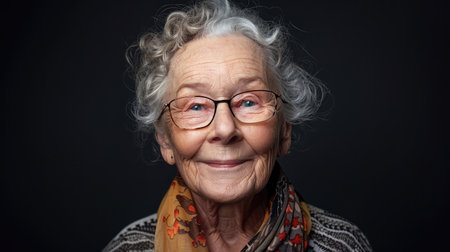 Portrait of a happy senior woman smiling at the camera. Over black background.の素材