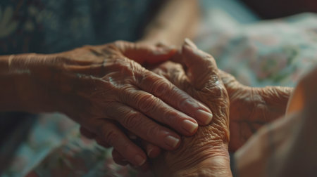 Mature female in elderly care facility gets help from hospital personnel nurse. Senior woman, aged wrinkled skin hands of her care giver.の素材