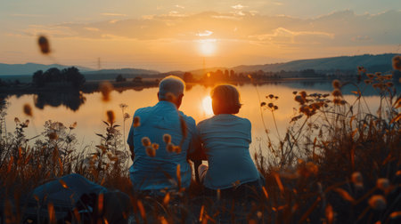 Happy senior couple sitting in summer near lake during sunsetの素材