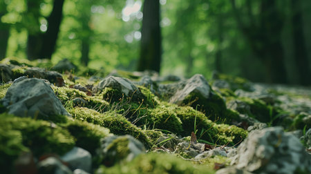 Beautiful Bright Green moss grown up cover the rough stones and on the floor in the forest. Show with macro view. Rocks full of the moss texture in nature for wallpaper.の素材