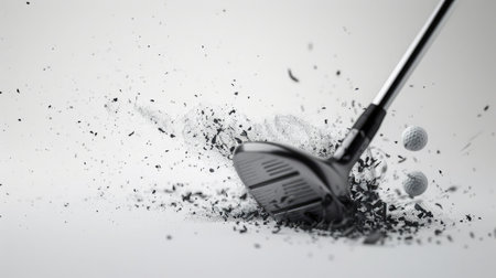 Golf club and ball at the moment of impact on white backgroundの素材