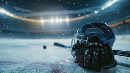 Low angle view of hockey helmet, skates; gloves; stick and puck on ice with deliberate shallow depth of field on brightly lit stadium background and copy space.の素材