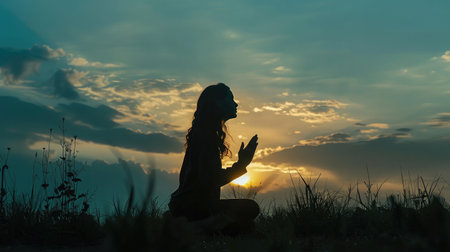 Silhouette of woman kneeling down praying for worship God at sky background. Christians pray to jesus christ for calmness. In morning people got to a quiet place and prayed. copy spaceの素材