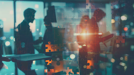 Business people join puzzle pieces in office. Concept of teamwork and partnership. double exposure with light effectsの素材
