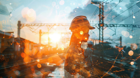 Double exposure of team railway engineer is on duty in work site with abstract bokeh backgrounds, use for banner cover.の素材