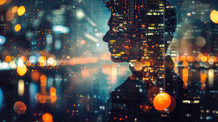 Businessman looking at illuminated night city. Double exposureの素材