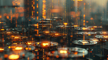 Double exposure of city , network or connection and rows of coins for finance and business conceptの素材