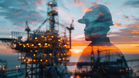 Double exposure of Engineer or Technician man with safety helmet operated platform or plant by using tablet with offshore oil and gas platform background for oil and gas business conceptの素材