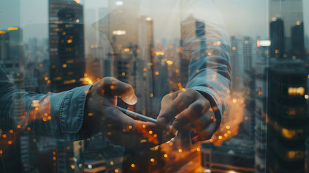 man hands touching smartphone, closeup, double exposure with modern city skylineの素材