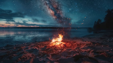 Night camping on shore. campfire under evening sky full of stars and Milky way on blue water and forest background. Outdoor lifestyle conceptの素材