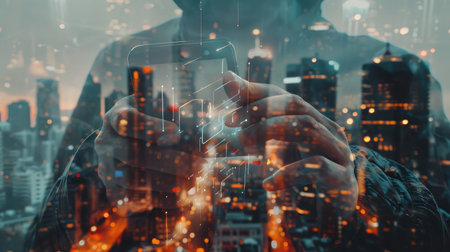 man hands touching smartphone, closeup, double exposure with modern city skylineの素材