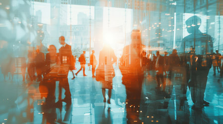 Groups of colleagues meeting each other in busy office lobby. Concept of business negotiations. Toned image. Double exposureの素材