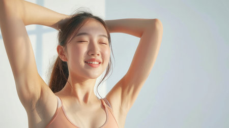 Portrait of beautiful healthy asian armpit waxing woman sport wear copy space white background. People beauty perfect body slim fit fitness sexy girl happy relax. Freedom lifestyle healthcare conceptの素材