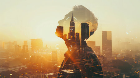 The double exposure image of the businessman looking up during sunrise overlay with cityscape image and futuristic hologram. The concept of modern life, technology, iris scanner and internet of thingsの素材