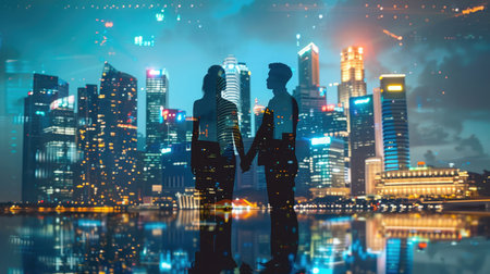 Teamwork and partnership concept with businesspeople crossing arms on illuminated Singapore city background at night. Double exposureの素材